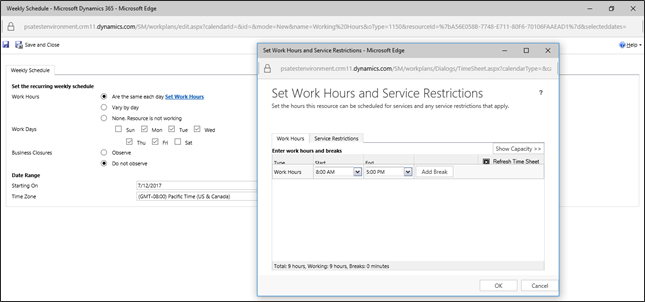 Microsoft Dynamics Set Work Hours 
