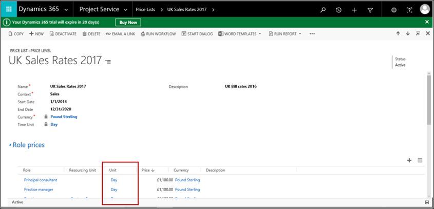 Microsoft Dynamics 365 PSA Sales Rates 